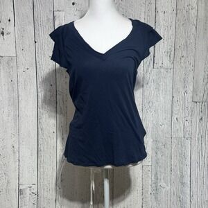 Maeve by anthropologie Women's Navy Tee V Neck Slouchy Fit Size XS Ruffled Sleee